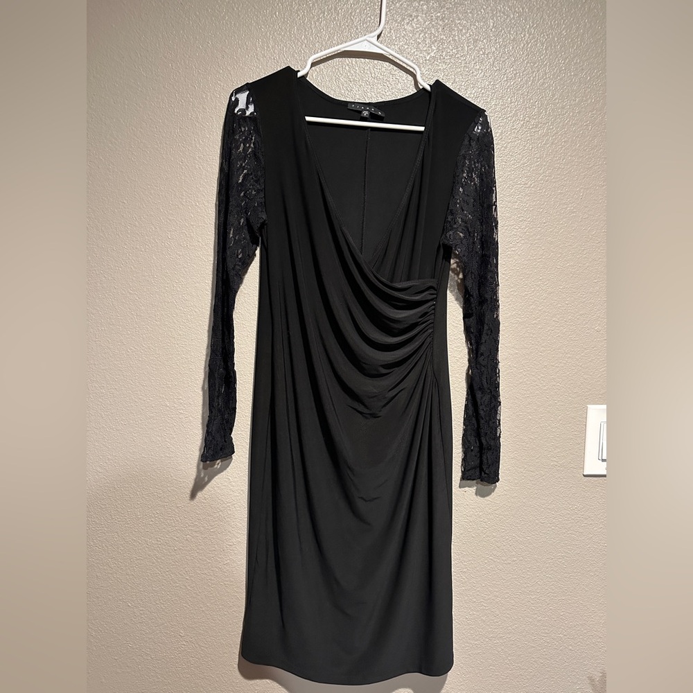 Tiana B Black Ruched Sheath Dress with Bishop Sleeves